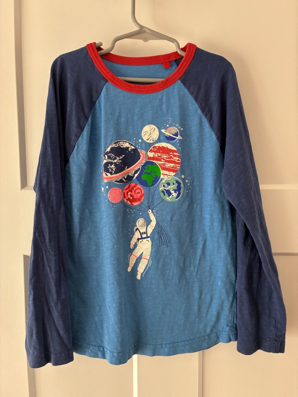 Mini Boden Blue Raglan Long Sleeve Tee with Space Balloon Graphic